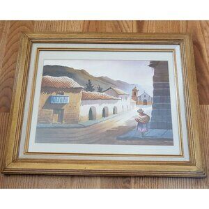 Vintage Framed Watercolor Andean Village Scene Artist Signed Wall Art Decor